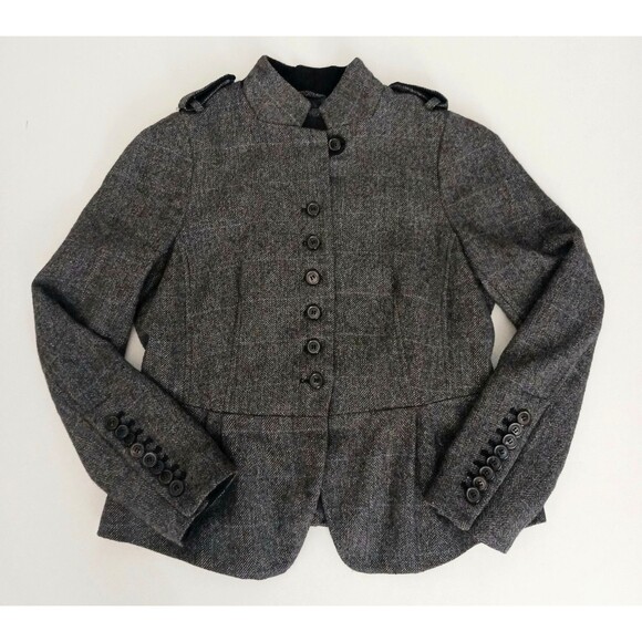 New ZARA Herringbone Tweed Wool Military Inspired Short Jacket XL Peplum - Picture 1 of 14